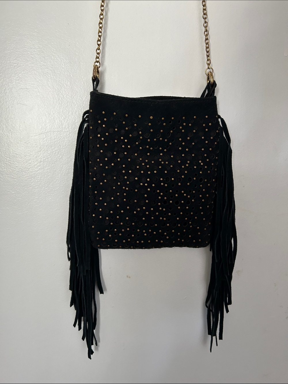 Vtg Mossimo Leather Black Fringe Crossbody Bag with Gold Studs